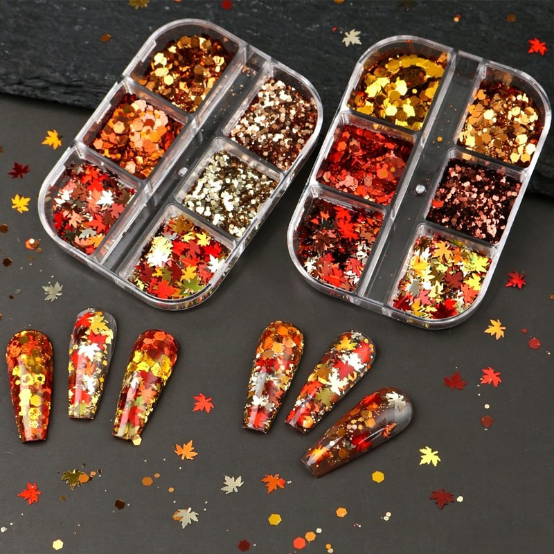 2Boxes Fall Maple Leaf Nail Sequins for Women