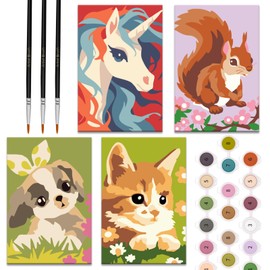 Zimrobin 4 Pack Paint by Numbers for Children - 12 x 8 cm Paint by Numbers Children from 5 6 7 Years Girls and Boys, Creative Gift with 3 Brushes and Acrylic Paints (Unicorn, Kitten, Puppy, Squirrel)