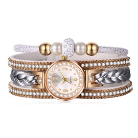 JewelryWe Women's Bohemian Retro Rhinestone Glitter Analogue Quartz Casual Watch with Braided Leather Strap Wrap Bracelet and Clover Key Pendant, Pearl white, Vintage