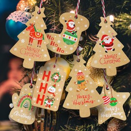 Christmas Tags 100 Pcs Set with String Traditional Trees and Decorations Xmas Hanging Present Craft Labels Set 12
