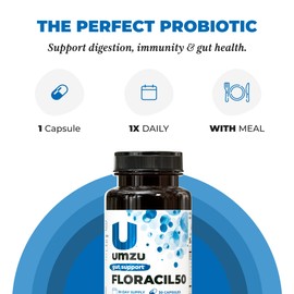 UMZU Floracil50 Prebiotics and Probiotic for Women + Men, 50 Billion CFU for Digestion, Gut Health, Acidophilus, Rhamnousus, Immunity, Energy (30 Capsules)