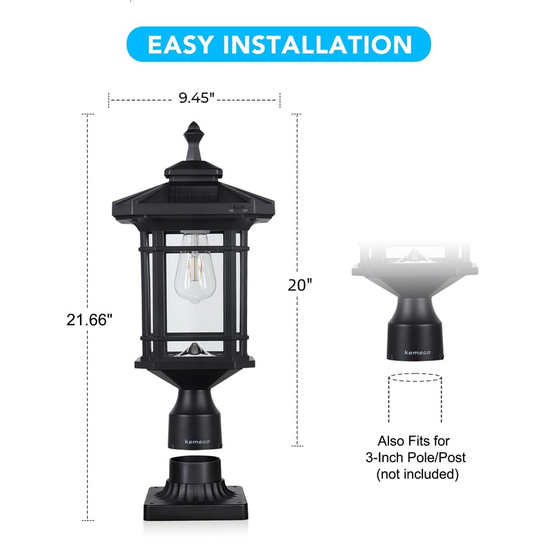 Kemeco Solar Post Light Outdoor, ST4338Q Dusk to Dawn Post