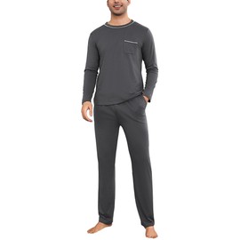 Litherday Men's Pyjamas Sets Long-Sleeve Cotton Pjs Set 2 Piece Loungewear Nightwear Tops and Bottoms with Pockets Grey