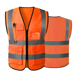 AKEIVN Mesh Safety Vest for Men and Women, High Visibility Reflective Safety Vest with Pockets, Zip Front, Meets ANSI/ISEA Standards, Orange-cloth