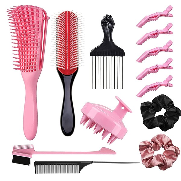 VERSAINSECT ngling Brush Set for Curly Hair with 9 Row Cushion Nylon Bristle, Rat Tail Comb Styling Edge Brush Set Include scalp scrubber，Afro American Type 3a-4c Wavy Natural Thick Thin Wet Dry Hair……