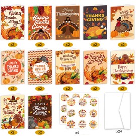 Qpout 24 Pack Thanksgiving Cards with Envelopes & Sealing Stickers, Happy Thanksgiving Greeting Cards, Funny Thanksgiving Cards for Kids Adults Students Teachers Employees
