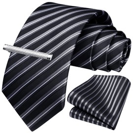 HISDERN Men's Necktie, Business Necktie, Pocket Square, Tie Clip, 3-Piece Set, Formal Necktie, Job Hunting, Graduation Ceremony, Father's Day Gift, 20 black and gray (stripe)