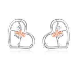 Ballerina Earrings 925 Sterling Silver Heart Ballerina Stud Earrings Dancing Ballet Themed Women Jewelry Gift (Rose gold)