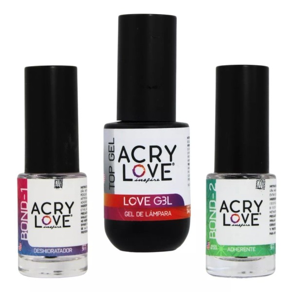 Acry Love Pack. Top Coat Gel Para Uñas + Bond 1 Y Bond 2. Acry Love