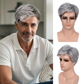 FAELBATY Short Silver Wig for Men Short Wavy Mens Wig Realistic Natural Male Side Part Wig Layered Cosplay Costume Party Natural Daily Hair Synthetic Heat Resistant Wig (MW002A-3517#)