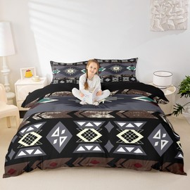 Erosebridal Western Comforter Cover Vintage Geometric Triangle Diamond Duvet Cover,Boho Western Bedding Sets King,Southwestern Native Aztec Bed Set Ethnic Tribe Arrow Sriped Room Decor,Grey Brown