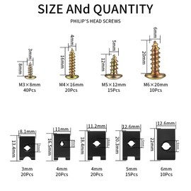 180 Pcs Automotive Screws and Car U Clips Assortment Kit, Including 90 Pcs Cross Head Mounting Screws, 90 Pcs Automotive U-Style Screw Clip-On Nuts, for Car Door Body Panel Clip Fasteners