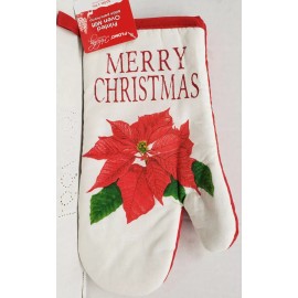 Flomo Fabric Printed Kitchen Oven Mitt (10.5") POINSETTIA, MERRY CHRISTMAS, red, Flomo