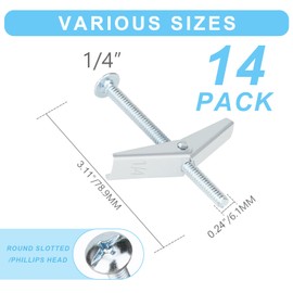 14Pcs Hollow Wall Anchors 1/4” Heavy Duty Butterfly Anchors for Drywall, Toggle Bolts and Wing Nut Kit, Metal Drywall Anchors and Screws Assortment Set