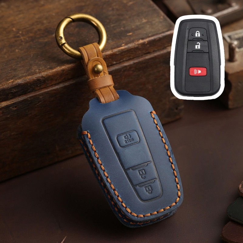 Hontumax Genuine Leather 3-Button Key Fob Cover for Toyota RAV4