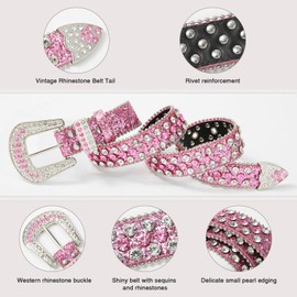 Monopa Kids Rhinestone Western Belt - Cowboy Cowgirl Belts with Bling Diamond Studded and Sequin Leather Belt for Jeans (90cm, Pink)