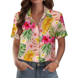 Zeagoo Shirts for Women Summer Blouse 2024 Fashion Bohemian Floral Leaf Print Short Sleeve V Neck Top