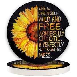 Car Coasters for Women 2 Pack, Car Coasters for Cup Holders Ceramic Absorbent, Keep Cup Holders Clean and Dry, Auto Small 2.56" Coasters Set for Men Cup Holder(Half Sunflower)