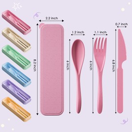 Quatish Reusable Travel Utensils Set with Case, 8 Sets Wheat Straw Camping Utensil Sets, Portable Kids Lunch Accessories, Cutlery Set for Picnic, Work, School, Lunch (Green, Beige, Pink, Blue)