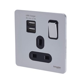 Schneider Electric Ultimate Screwless Flat Plate - Switched Single Power Socket with USB Charging Ports, Double Pole, 13A, GGBGU34102USBABPC, Polished Chrome with Black Insert