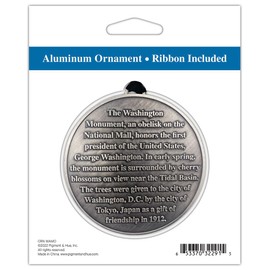 Washington, D.C. Cherry Blossom Monument and Memorial Hanging Aluminum 3D Pictorial Ornament with Ribbon (Washington Monument)
