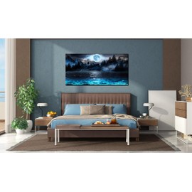 Moon Sea Ocean Wall-Art For Living Room Large Size - Blue Wall Decor For Bedroom - Forest Wall Art Ready To Hang 30" x 60"
