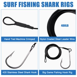 OROOTL Fishing Shark Hook Rigs, 3pcs Surf Fishing Rigs Stainless Steel Wire Leader with Tuna Hooks Big Game Deep Sea Gear for Shark Tuna Halibut, 6/0
