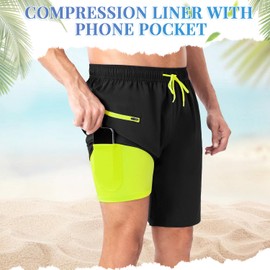 Meegsking Mens Swim Trunks with Compression Liner - 2 in1 Quick Dry Swim Shorts Bathing Suits with Zipper Pockets Black