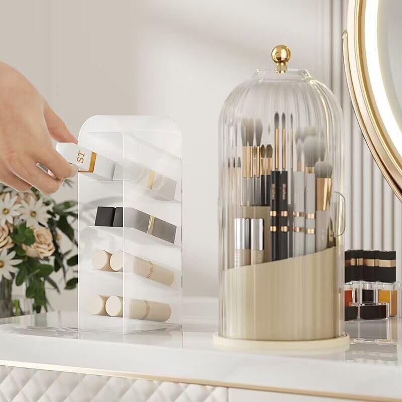 Yuzita Makeup Brush Holder Organizer with Lid, Rotating Dustproof Make