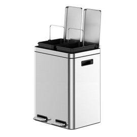 Dual Compartment Trash Can, 2 x 5.3 Gallon Stainless Steel Kitchen Step Trash Can with Lids, Foot Pedals, Garbage and Recycle Bin Combo with Removable Buckets for Home Office
