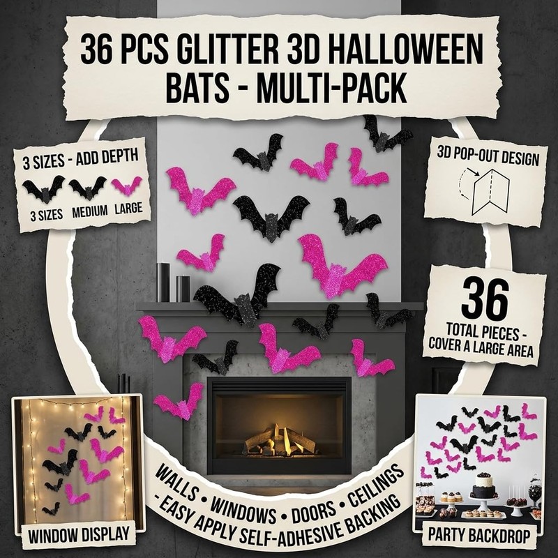 36PCS 3D Pink Glitter Parper Bat Wall Decals Halloween Decorations