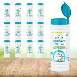 Juniper CLEAN 12 Pack Surface Cleaning Wipes with Bleach, All-Purpose Cleaner for Bathroom, Kitchen, Office, 420 Count Canister, 7.5" x 7" Sheet, Fresh Scent, Lint Free & Durable