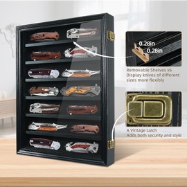 ASmileIndeep Pocket Knife Display Case 7 Rows Lockable Wooden Knife Shadow Box with HD Tempered Glass, Military Folding Knife Cabinet Stand for Wall with Removable Shelves, Black