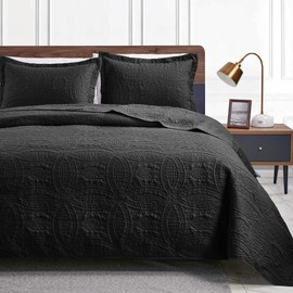 Love's cabin Quilts for Queen Bed Black Bedspreads - Soft Bed Fall Quilt Lightweight Microfiber Bedspread- Modern Style Coin Pattern Coverlet for All Season - 3 Piece (1 Quilt, 2 Pillow Shams)