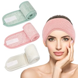 KEYRI 3 PCS Spa Facial Headband, Spa Headbands for Women Make Up Hair Headband Skincare Headband Towel Head Band Adjustable Coral Fleece Elastic Hair Band for Washing Face Sports (Green, Pink, White)