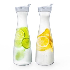 Jucoan 2 Pack 50 oz Plastic Carafe Water Pitcher, Clear Beverage Carafe with Flip Top Lid, Narrow Neck for Iced Tea, Powdered Juice, Cold Brew, Lemonade