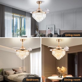 Finktonglan Dimmable Fandeliers Modern Crystal Chandelier Ceiling Fan with Lights 36” Retractable LED Invisible Fandelier Crystal Chandelier Fan for Bedroom Dining Room Living Room, Gold