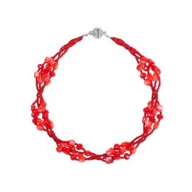 Xalroco Colorful Natural or Synthetic Gemstone Choker Necklace for Women, Statement Shell Crystal Beaded Multi-Strand Collar Necklace, Moonstone Necklace, Jewelry Gift for Her (Red and Coral)