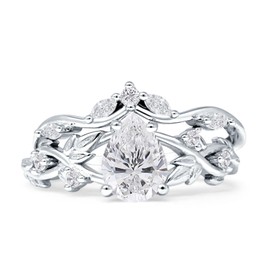 OMRANII Cubic Zirconia Size-9 Two Piece Pear Teardrop Leaf Infinity Twisted Curved Band Bridal Set Vintage Style Wedding Engagement Ring 925 Sterliing Silver