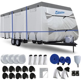 Kayme 300D Oxford Travel Trailer RV Cover, Tearproof Waterproof Windproof 20-22ft Camper Cover, RV Tarp Anti-UV Snowproof with Zipper Door, Wind Protector Straps，4 Tire Covers, and Jack Cover.