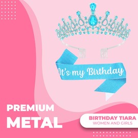 Papoopy Birthday Tiara and Crown with Sash, Birthday Tiara for Women Birthday Party (Blue)