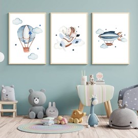 CULASIGN Set of 3 Posters for Children's Room, A4 Pictures Baby Room Children's Posters without Picture Frame, Wall Pictures Decoration Girls Boys, Children's Pictures Cars Planes Hot Air Balloons