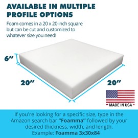 Foamma 6" x 20" x 20" High-Density Upholstery Foam Padding, Thick Custom Pillow, Chair and Couch Cushion Replacement, Craft Supplies for Upholstery and Seat Repair