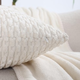 VAKADO Couch Decorative Throw Pillow Covers Cream White 18x18 Set of 4 Boho Corduroy Home Living Room Neutral Rustic Farmhouse Cushion Case Decor Square for Bed Sofa