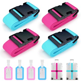 Suitcase Straps, Pack of 4, Adjustable Suitcase Strap with Address Label, 2 Colours, Cross Strap, Suitcase Straps for Suitcase Marking, Travel Accessories, Luggage Strap, Luggage Strap for Secure