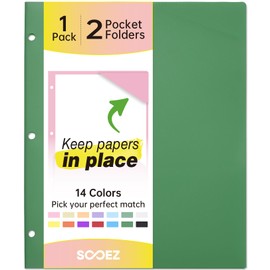 Sooez 2-Pocket Folders, Plastic Folders with Pockets 3 Hole Punched, 1 Pack Pockets Folder for 3 Ring Binder with Labels, Heavy Duty Binder Folder for Document, Letter Size File Folder,Dark Green