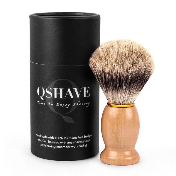 QSHAVE 100% Best Original Pure Badger Hair Shaving Brush Handmade. Real Wood Base. Perfect for Wet Shave, Safety Razor, Double Edge Razor