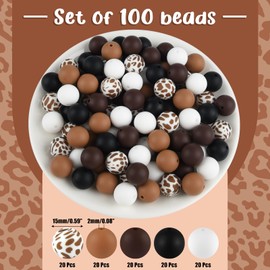 ASTARON 100 Pcs 15mm Silicone Beads for Keychain Making, Cow Brown White Round Beads Bulk for Bracelets Crafts Beadable Pens Decorations Jewelry Making Supplies