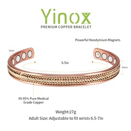 Braided Tri-Color Copper Bracelets for Women Arthritis with 8 Magnets Jewelry 6.5 Inch Magnetic Therapy Braided Cuff African Copper Bangle