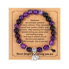 Mikovivi Recovery Gifts for Women, Amethyst Bracelets with Elephant Pendant Decor Crystal Beads Bracelet for Inspirational Gifts, Stone, No Gemstone